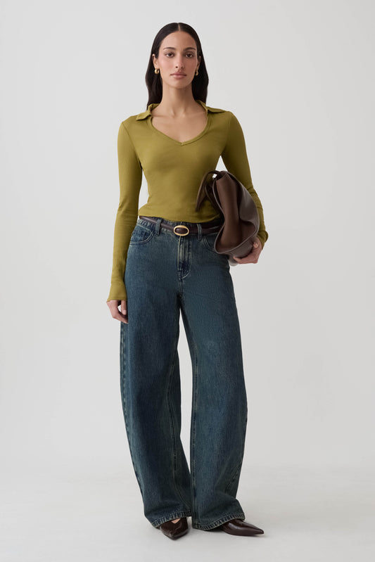 Jessina Collared Long Sleeve Top - Olive