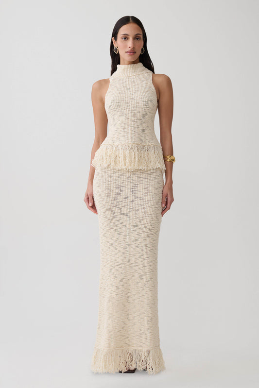 Giovanni Fringe Knit Midi Skirt - Cream