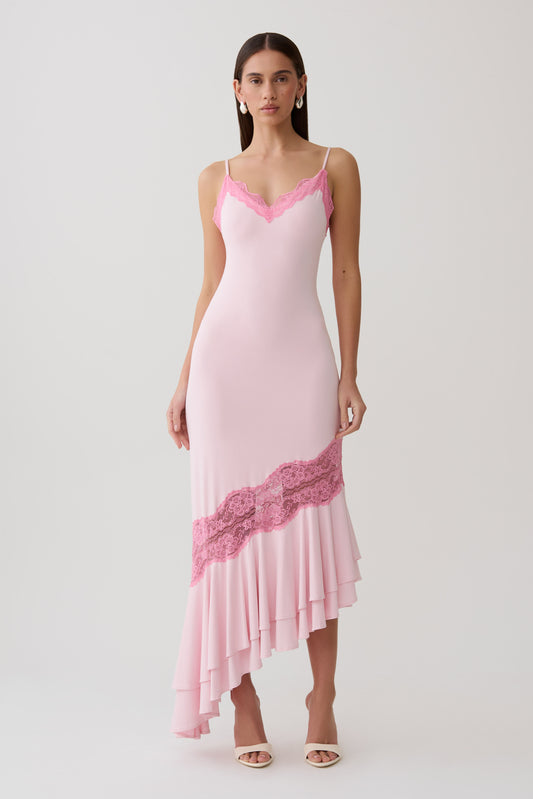 Annis Frilled Hem Lace Midi Dress - Pink
