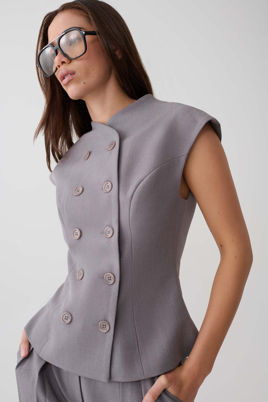 Phoebe Double Breasted Vest - Light Grey Marle